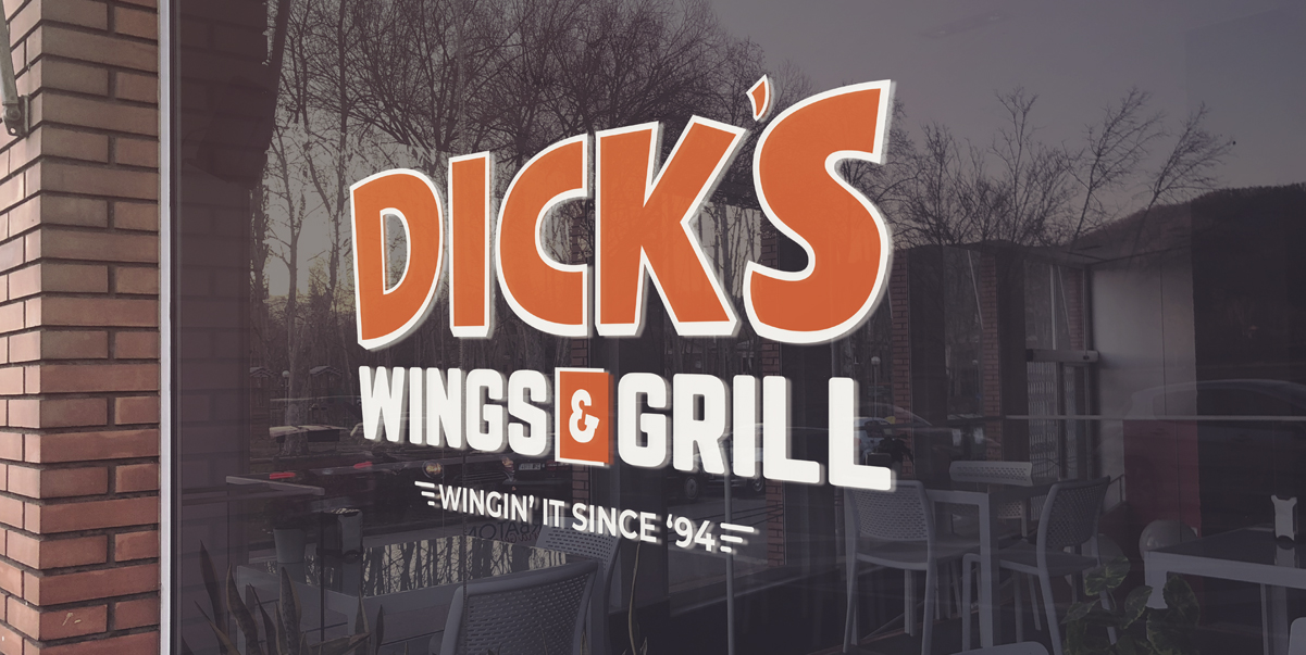 dicks wings and grill logo rebrand logo refresh window signage